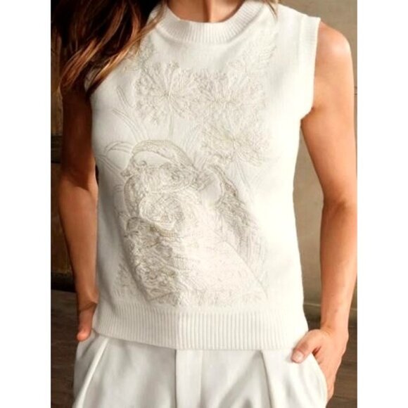 Anewsta Sweater Women‎ Large White Gold Embroidered Floral Duck Knit Vest NWT - Picture 1 of 12